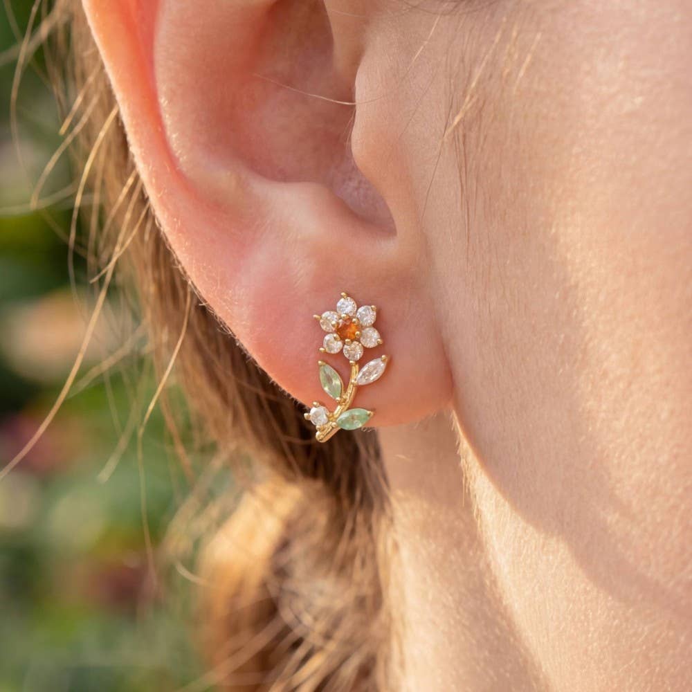 Gold Dipped Cz Flower Stud Earrings