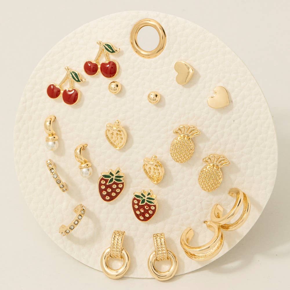 10Pc Enamel Metallic Fruit Stud And Hoop Earrings Set