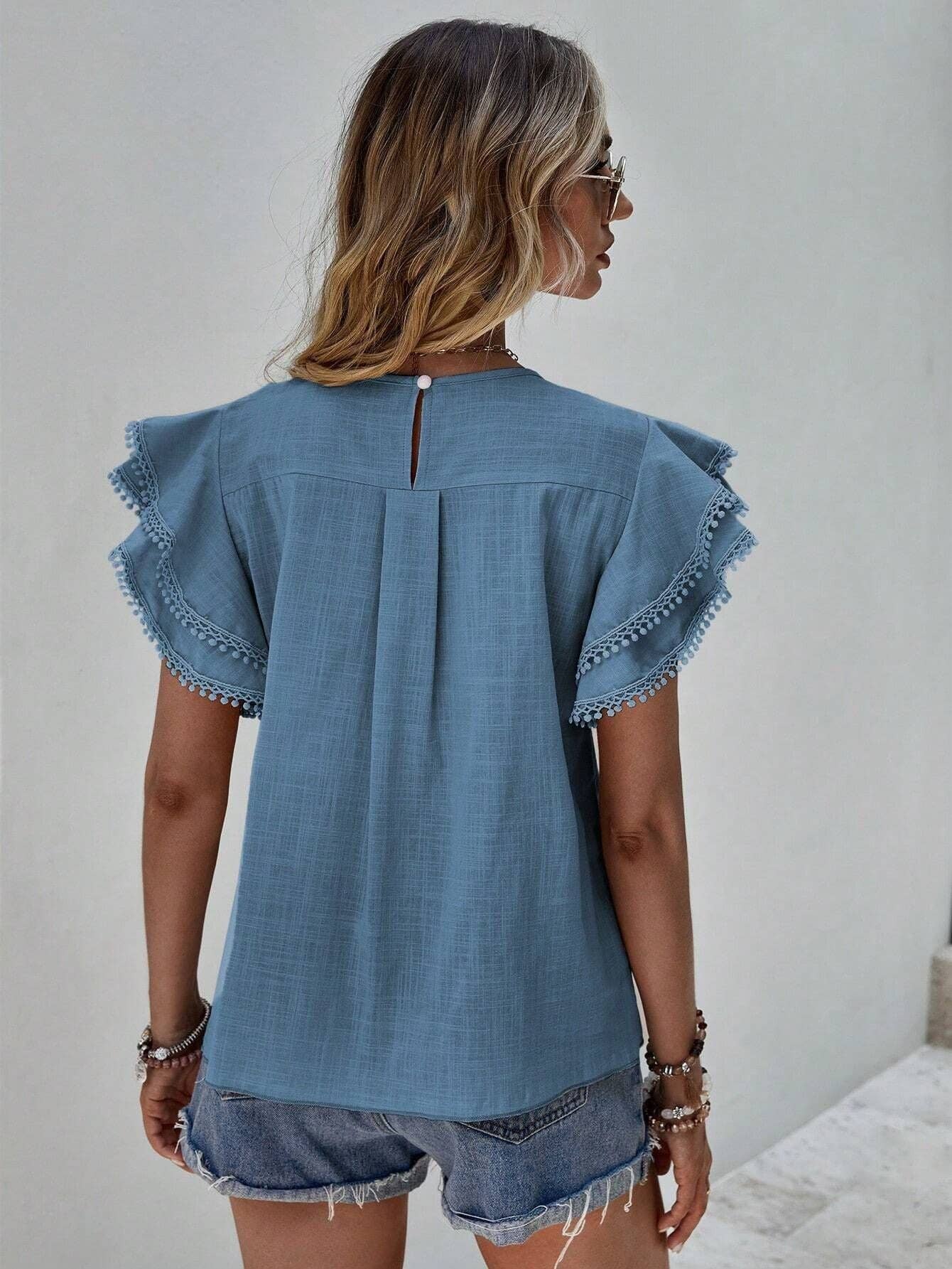 Women's Casual Ruffle Sleeve Round-Neck Summer Blouse