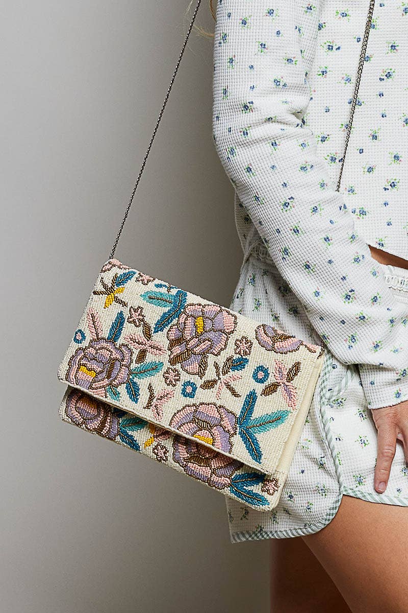 Floral Beaded Chain Strap Ivory Mini Shoulder Bag