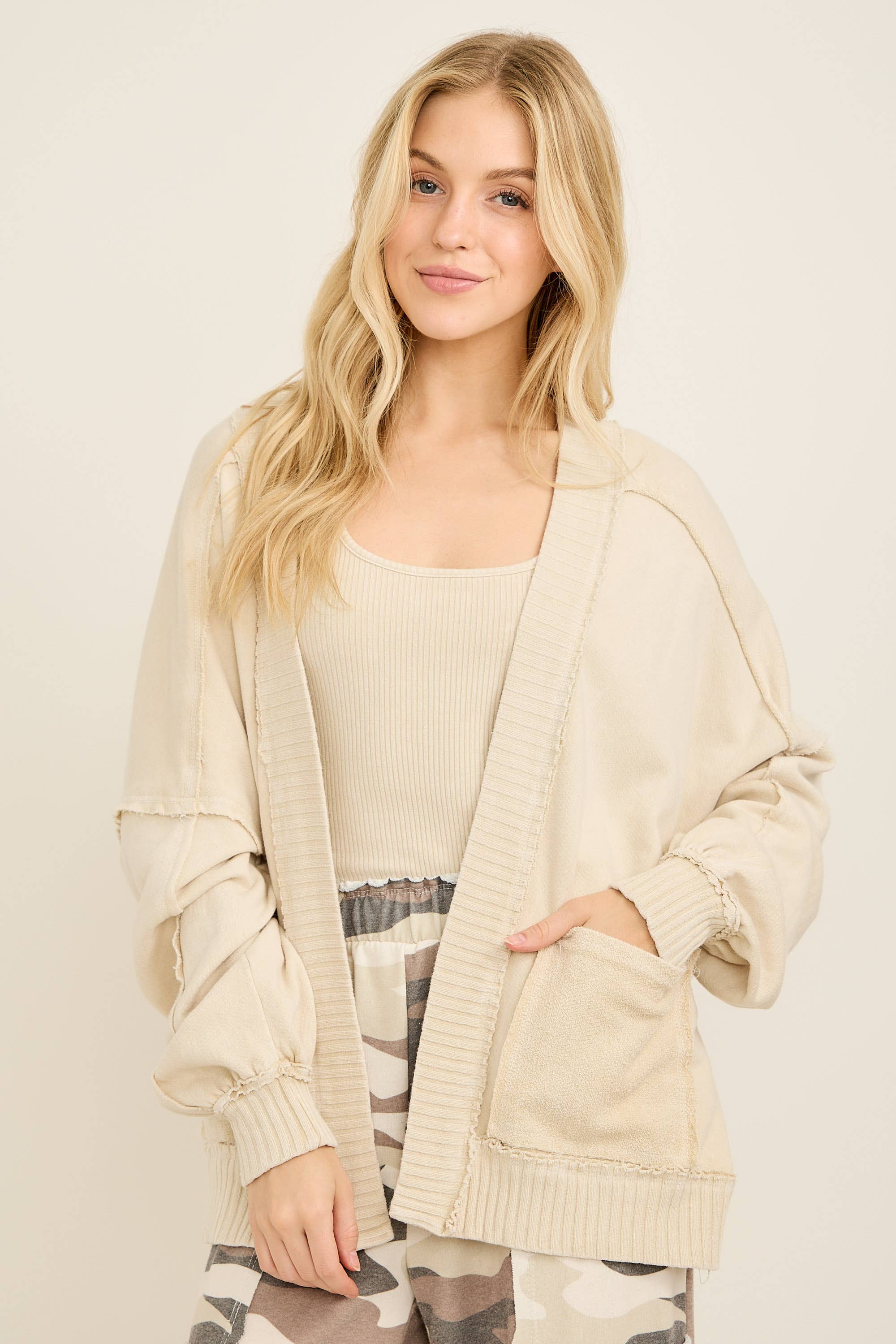 Mineral Washed Ribbed detail Midi Open Cardigan HT6658