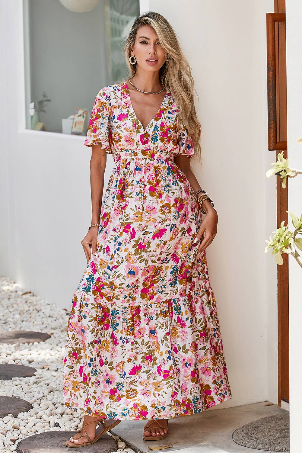 LDC Floral Short Sleeve V Neck High Waist Maxi Dress