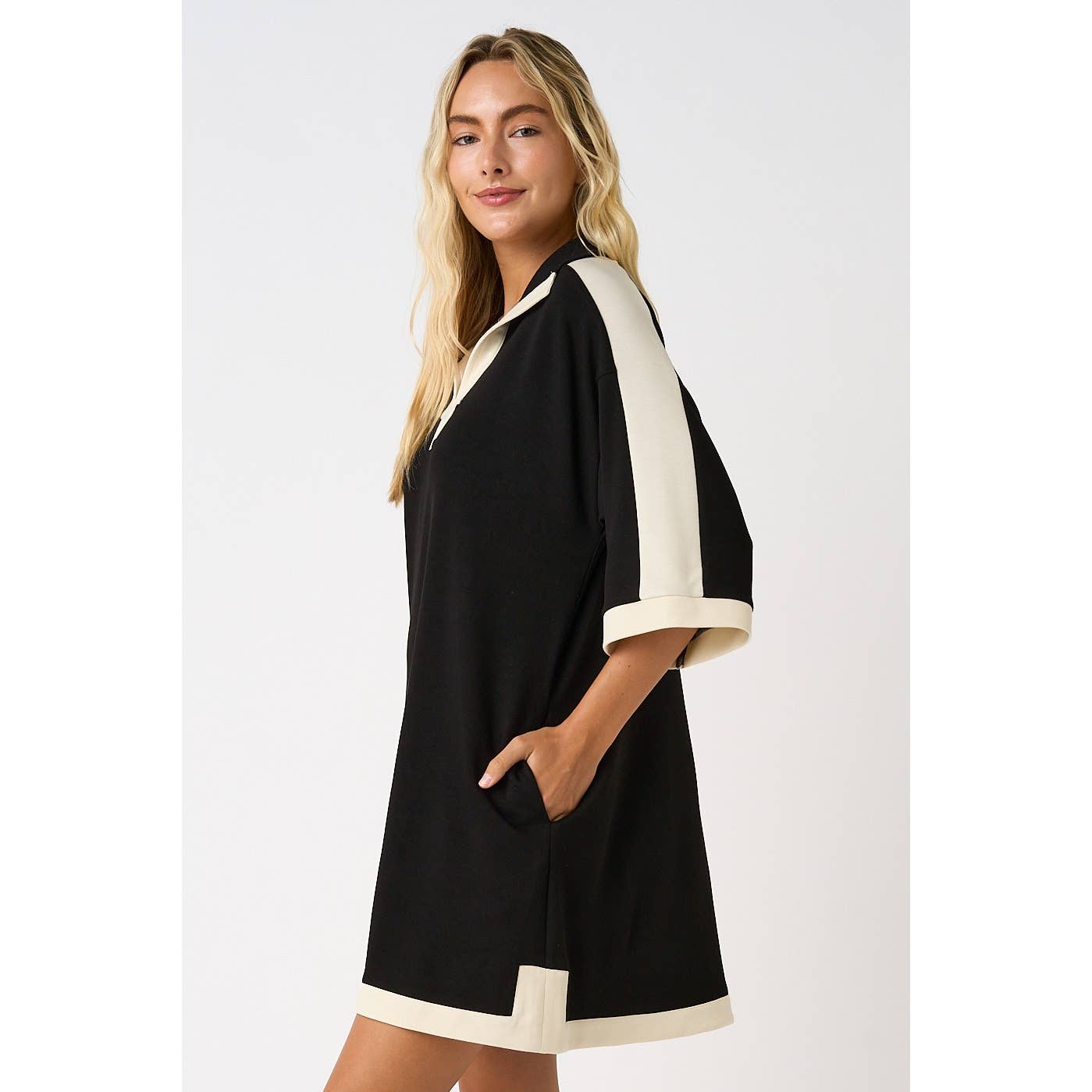 CLOUD KNIT CONTRAST STRIPE POLO MINI SHIRT DRESS