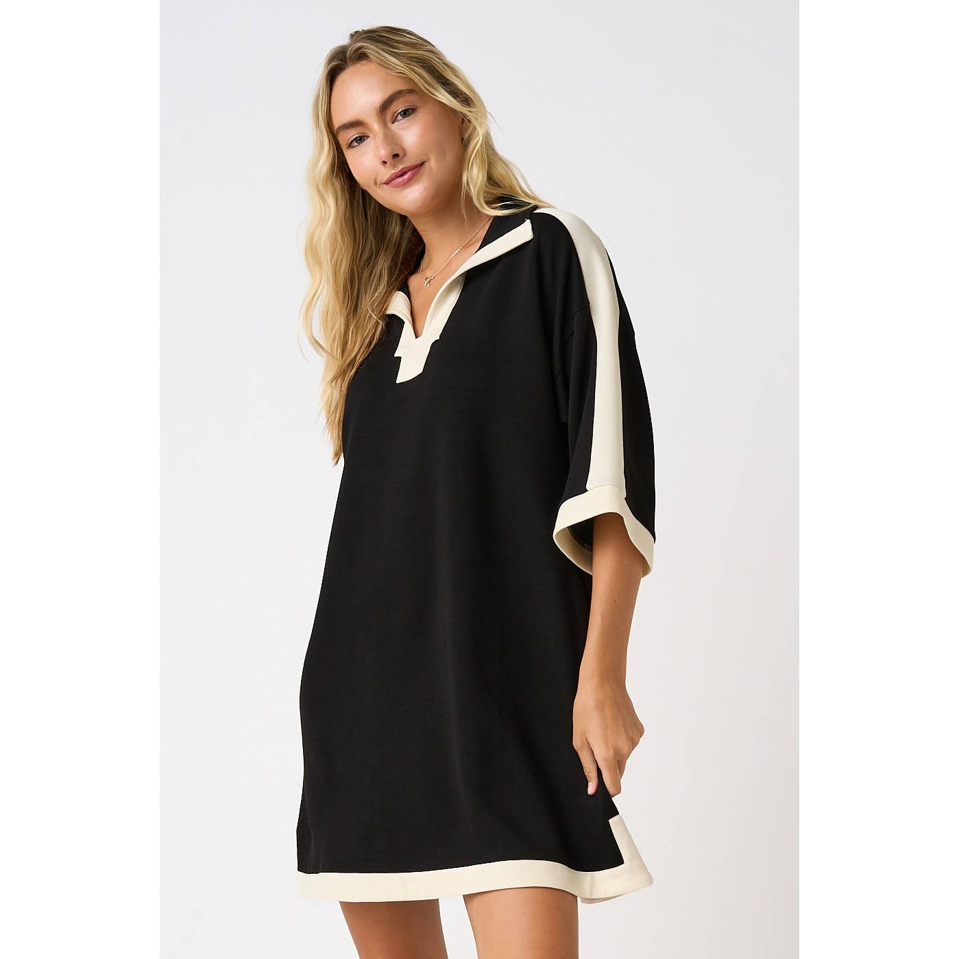 CLOUD KNIT CONTRAST STRIPE POLO MINI SHIRT DRESS