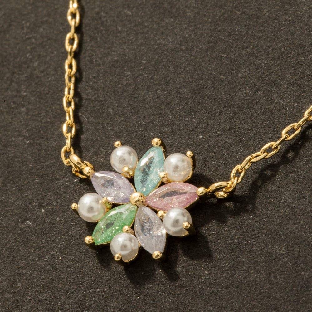 Gold Dipped Cz And Pearl Studded Flower Pendant Necklace
