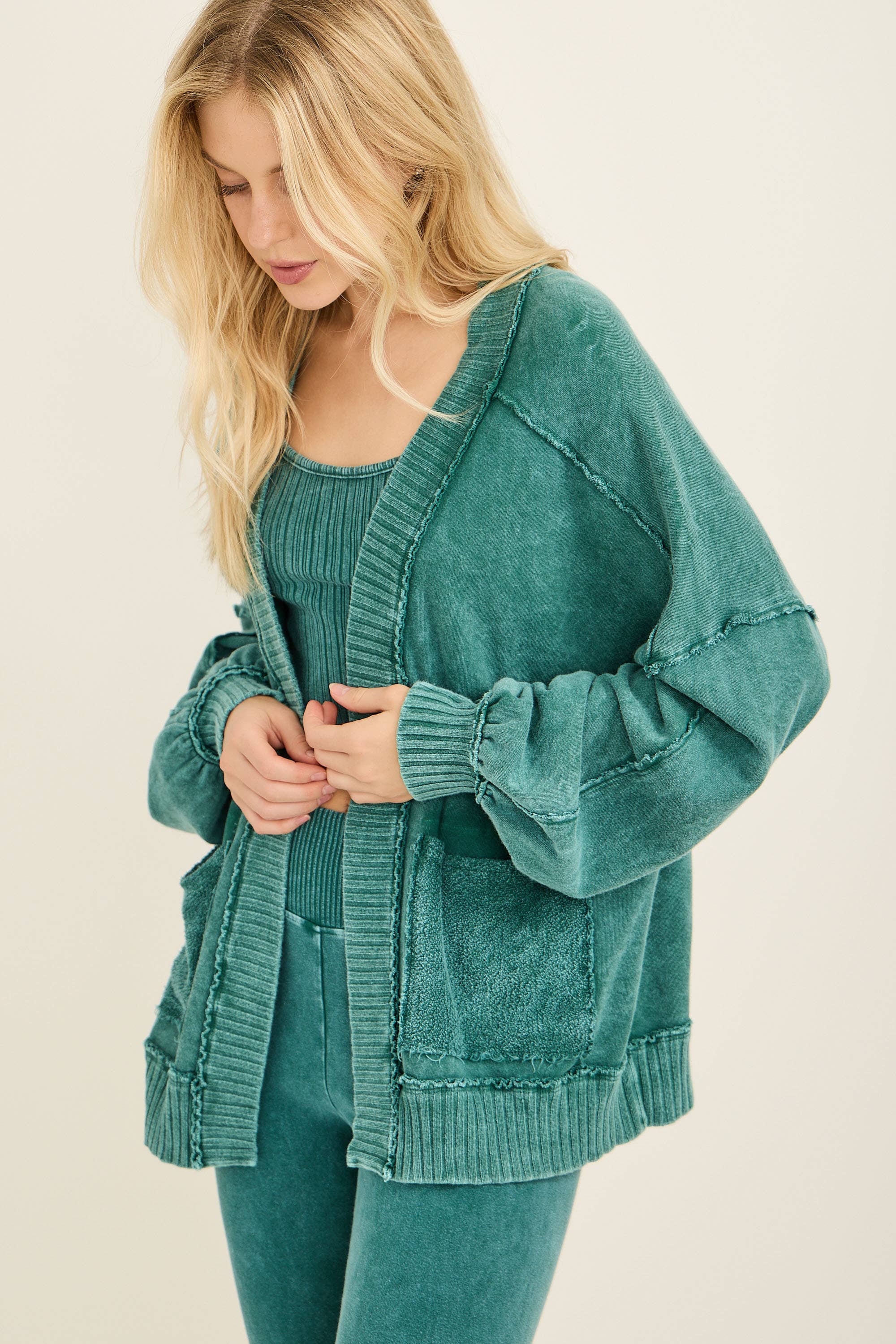 Mineral Washed Ribbed detail Midi Open Cardigan HT6658