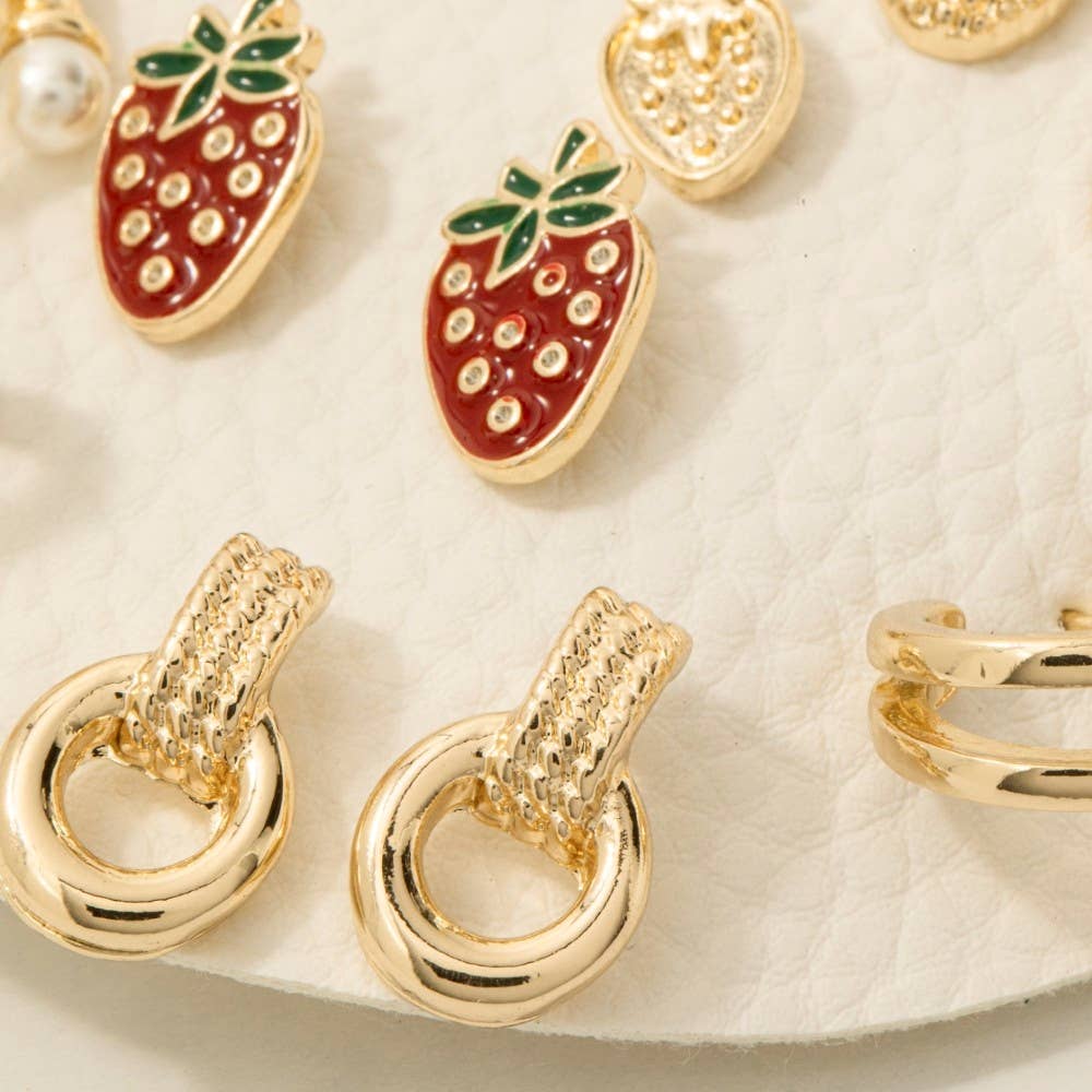 10Pc Enamel Metallic Fruit Stud And Hoop Earrings Set