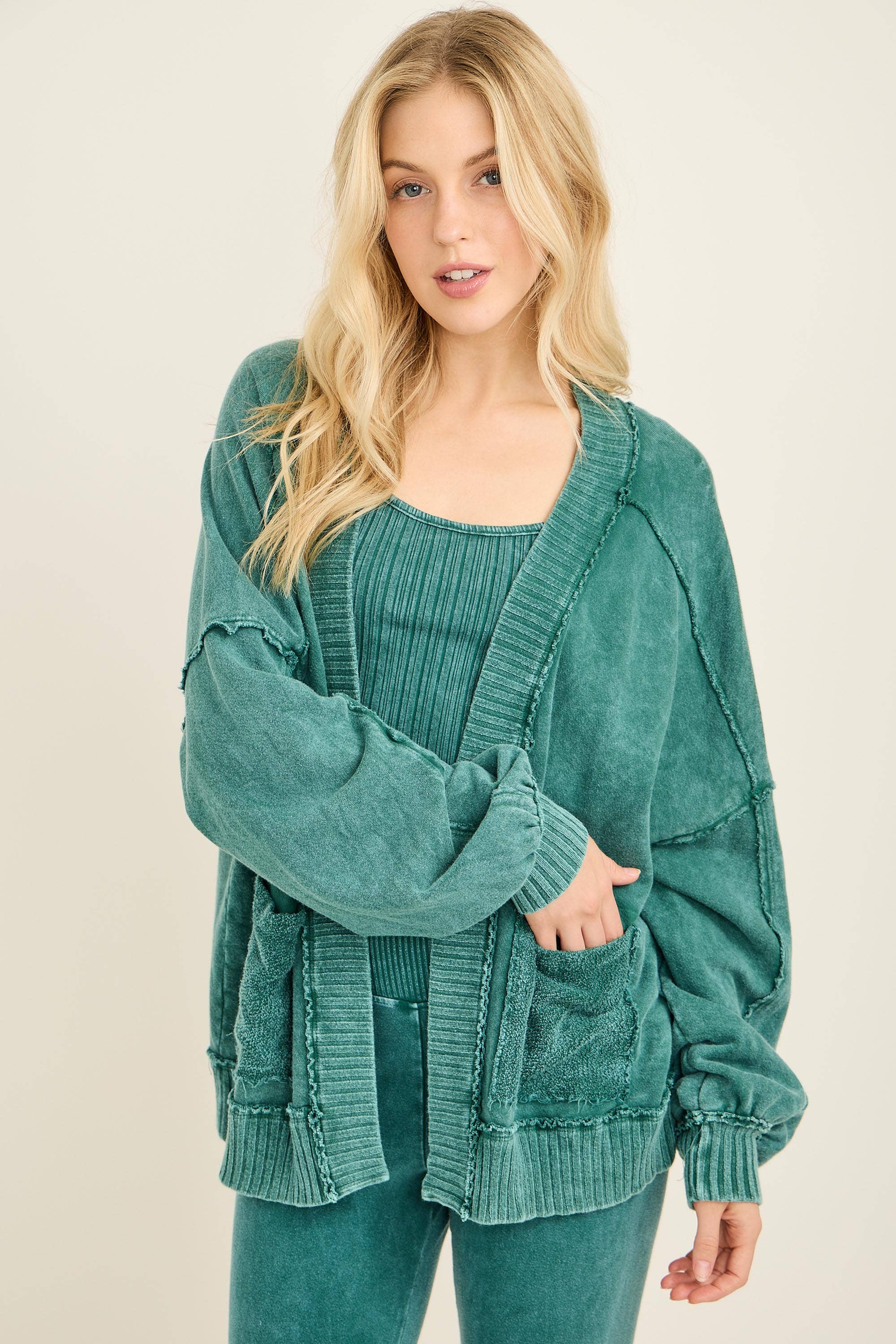 Mineral Washed Ribbed detail Midi Open Cardigan HT6658