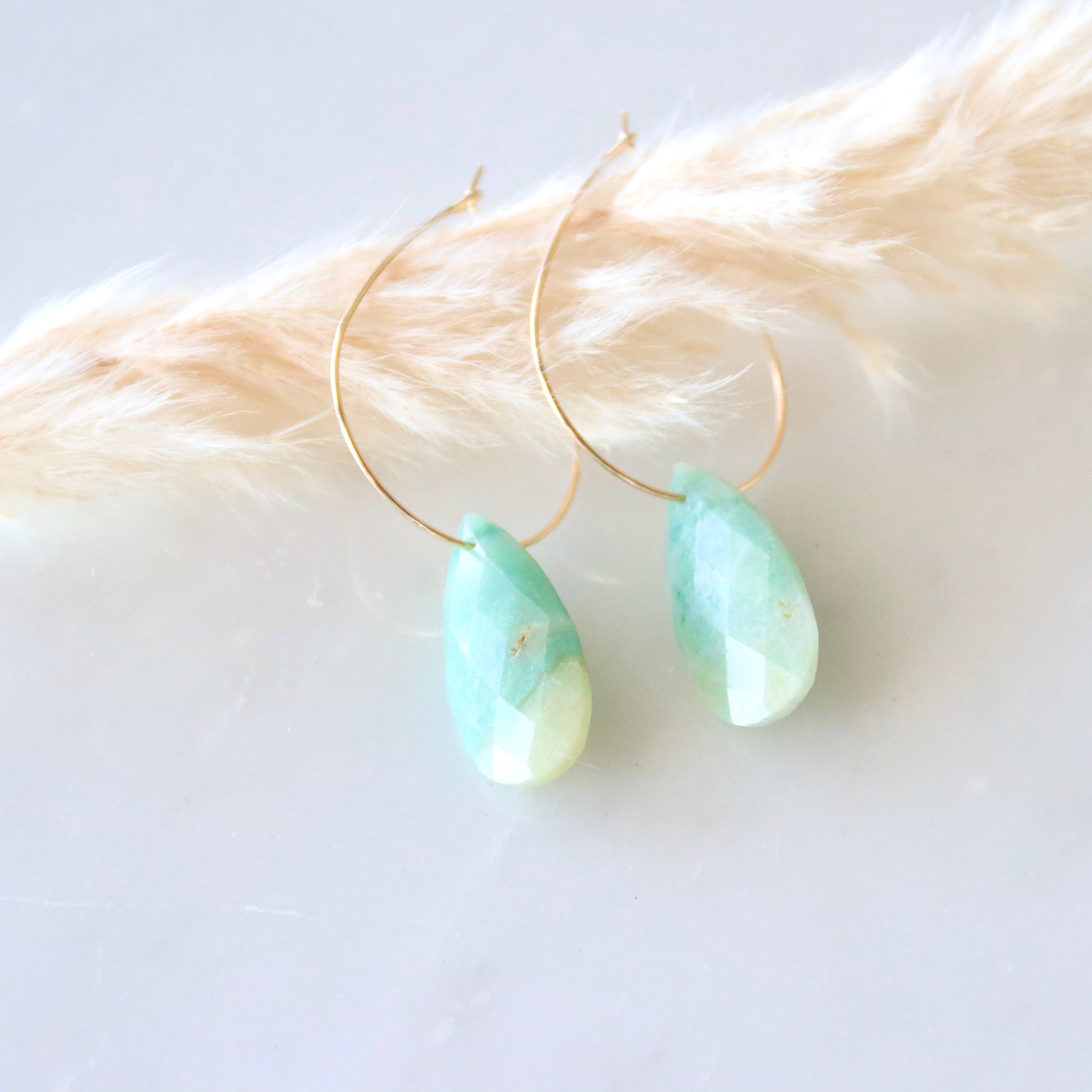 Teardrop Hoop Earrings - Amazonite, Rose Quartz, Opalite