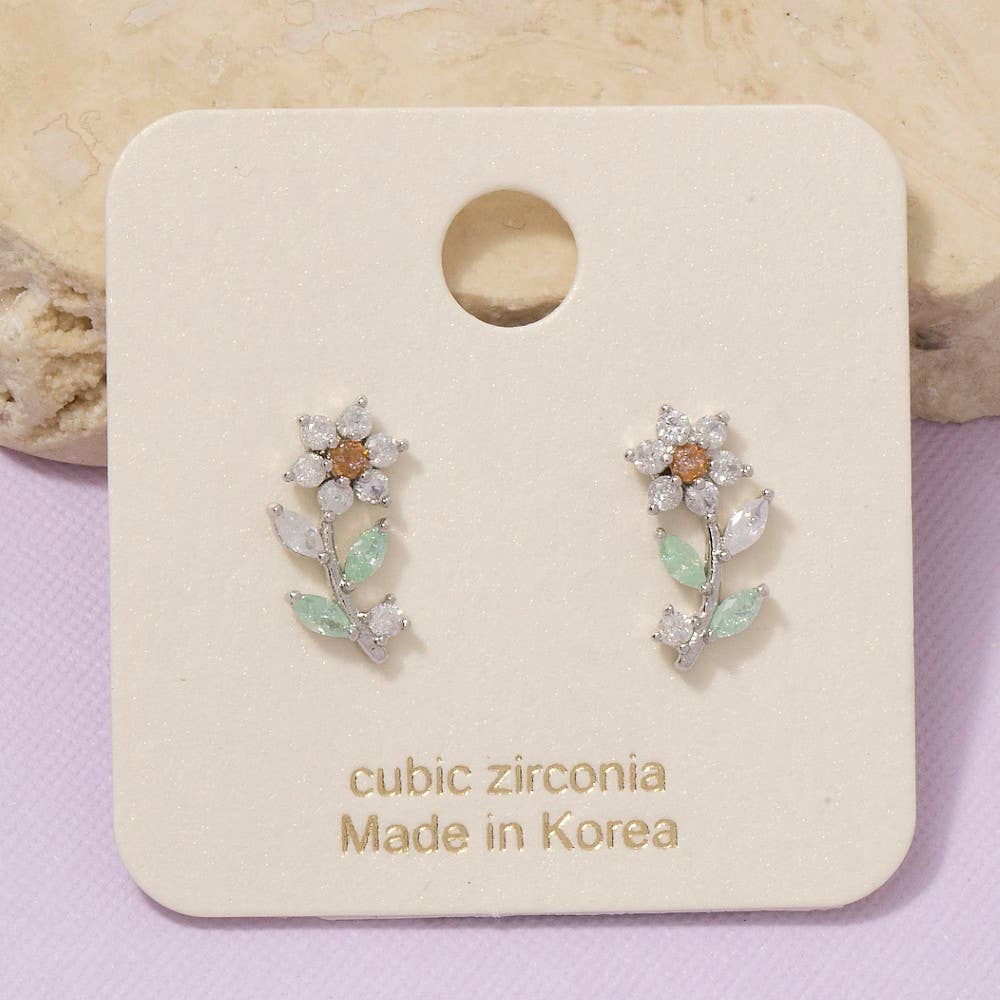 Gold Dipped Cz Flower Stud Earrings