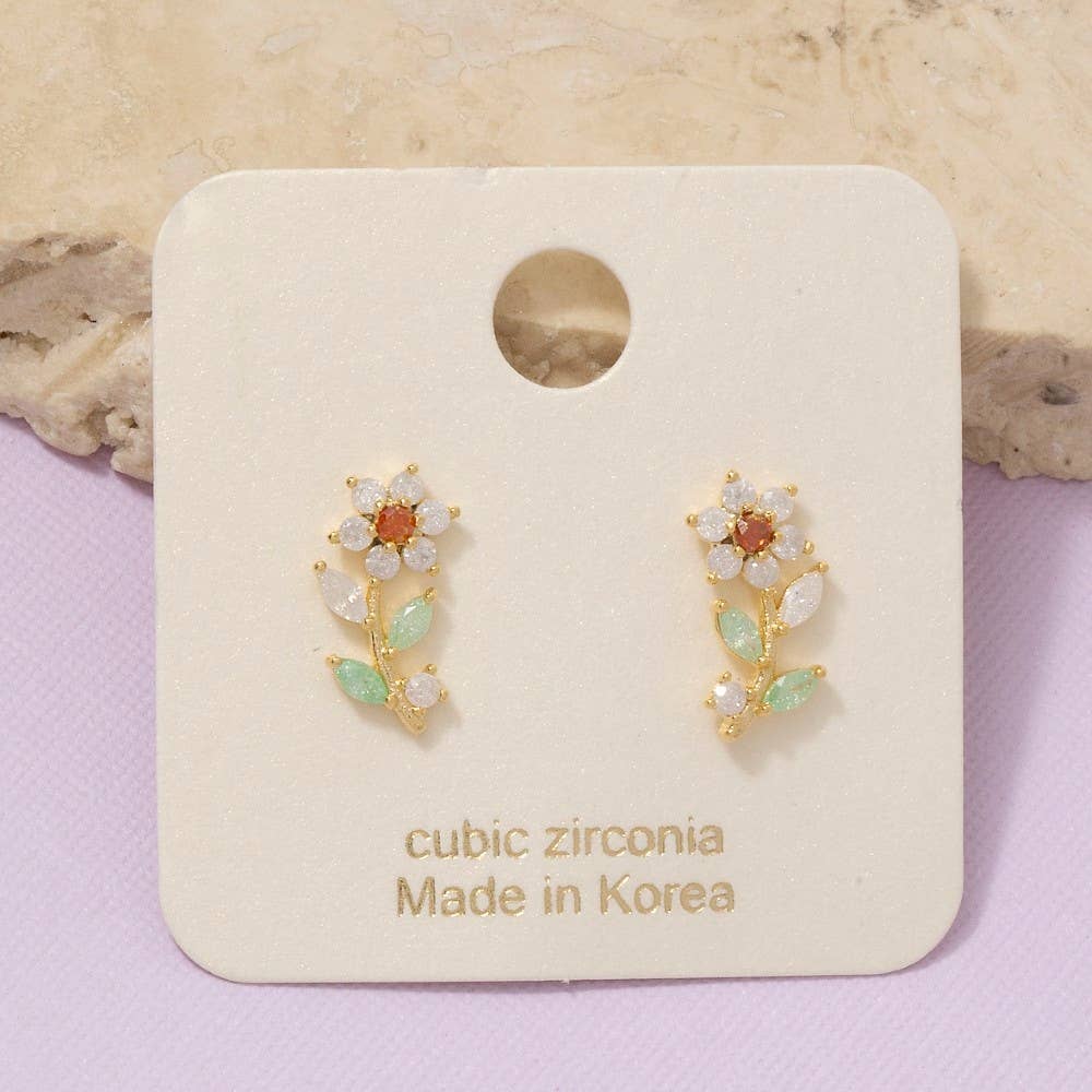 Gold Dipped Cz Flower Stud Earrings