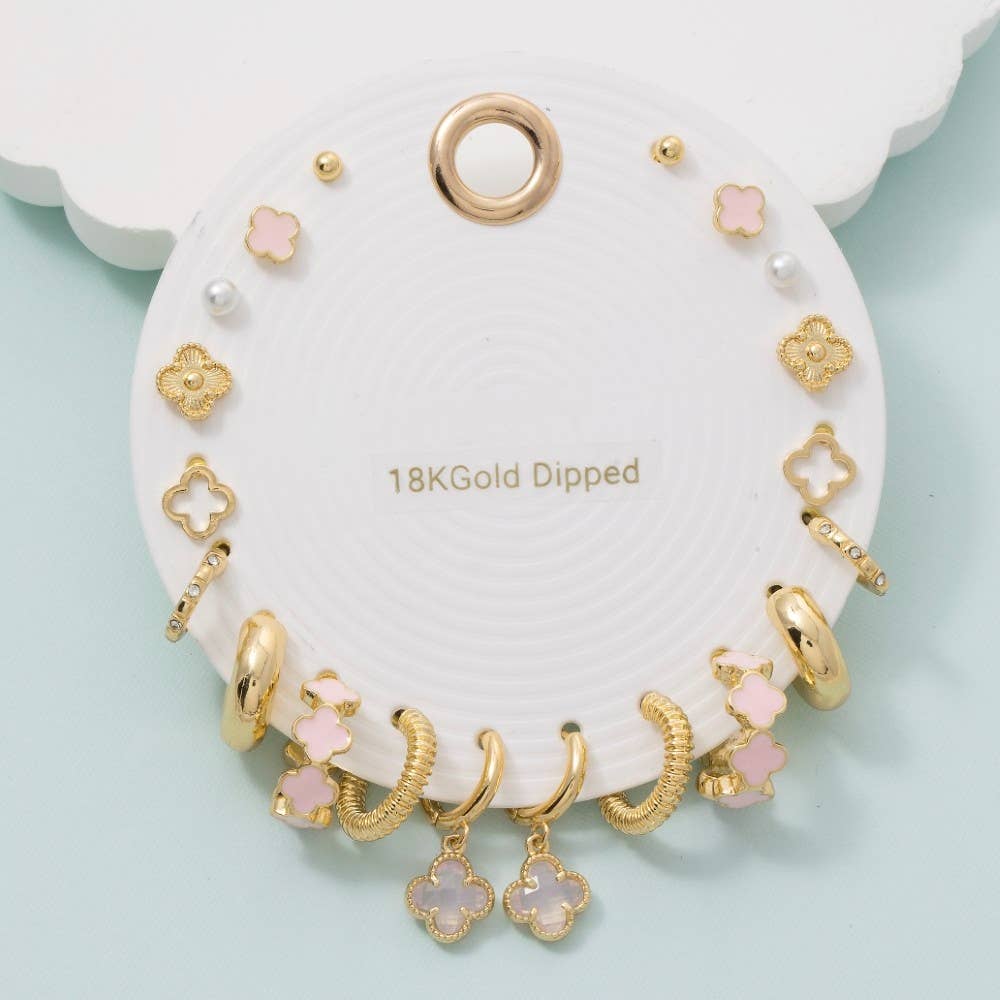 Clover Charm Stud And Hoop Earring Set