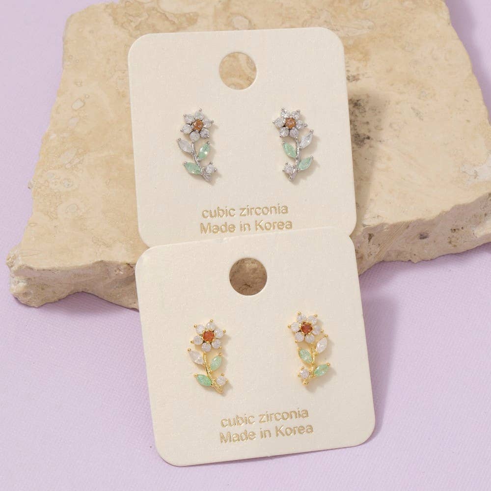 Gold Dipped Cz Flower Stud Earrings