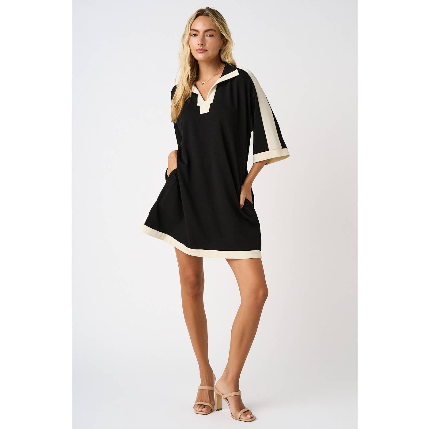CLOUD KNIT CONTRAST STRIPE POLO MINI SHIRT DRESS