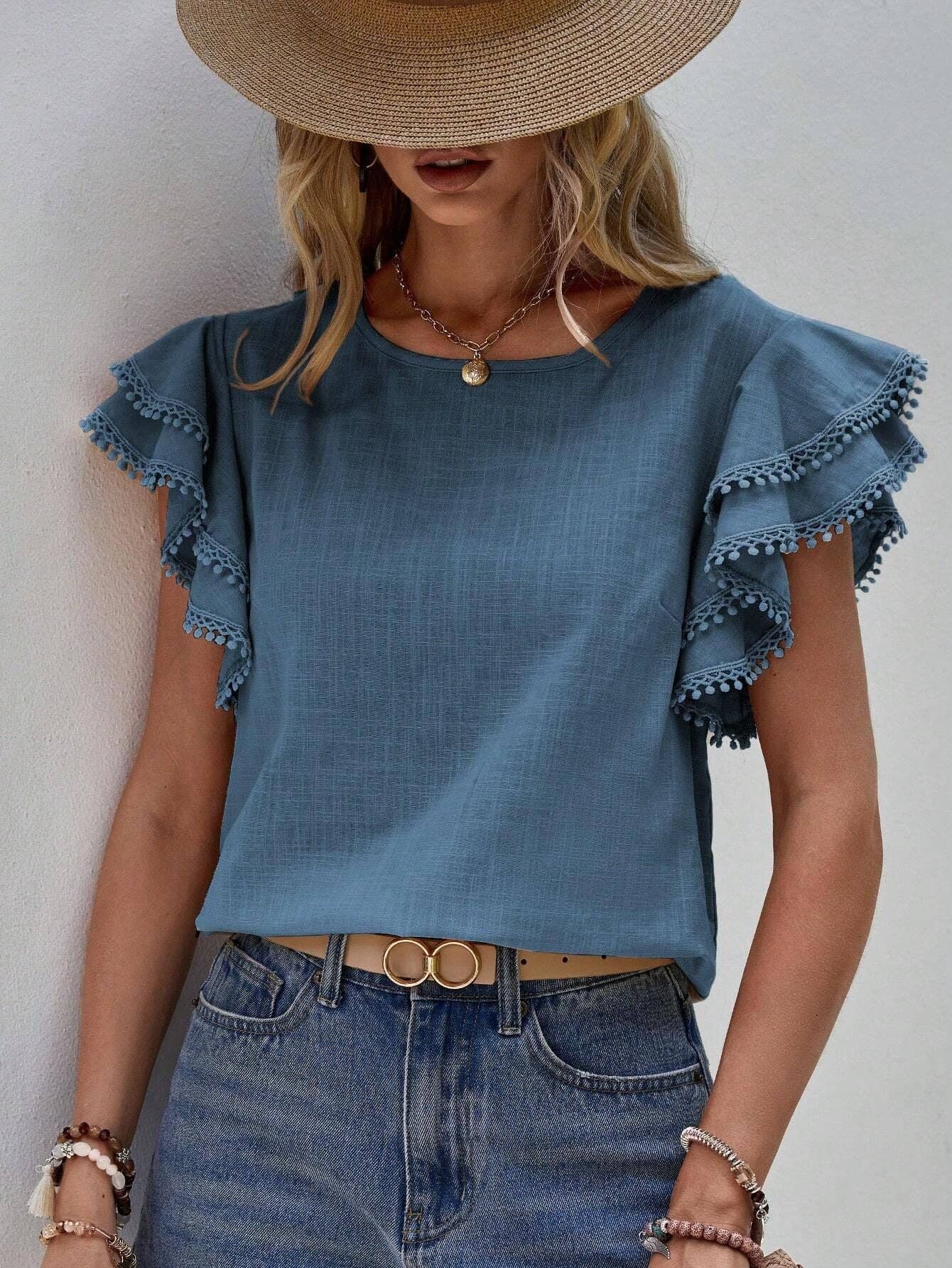 Women's Casual Ruffle Sleeve Round-Neck Summer Blouse