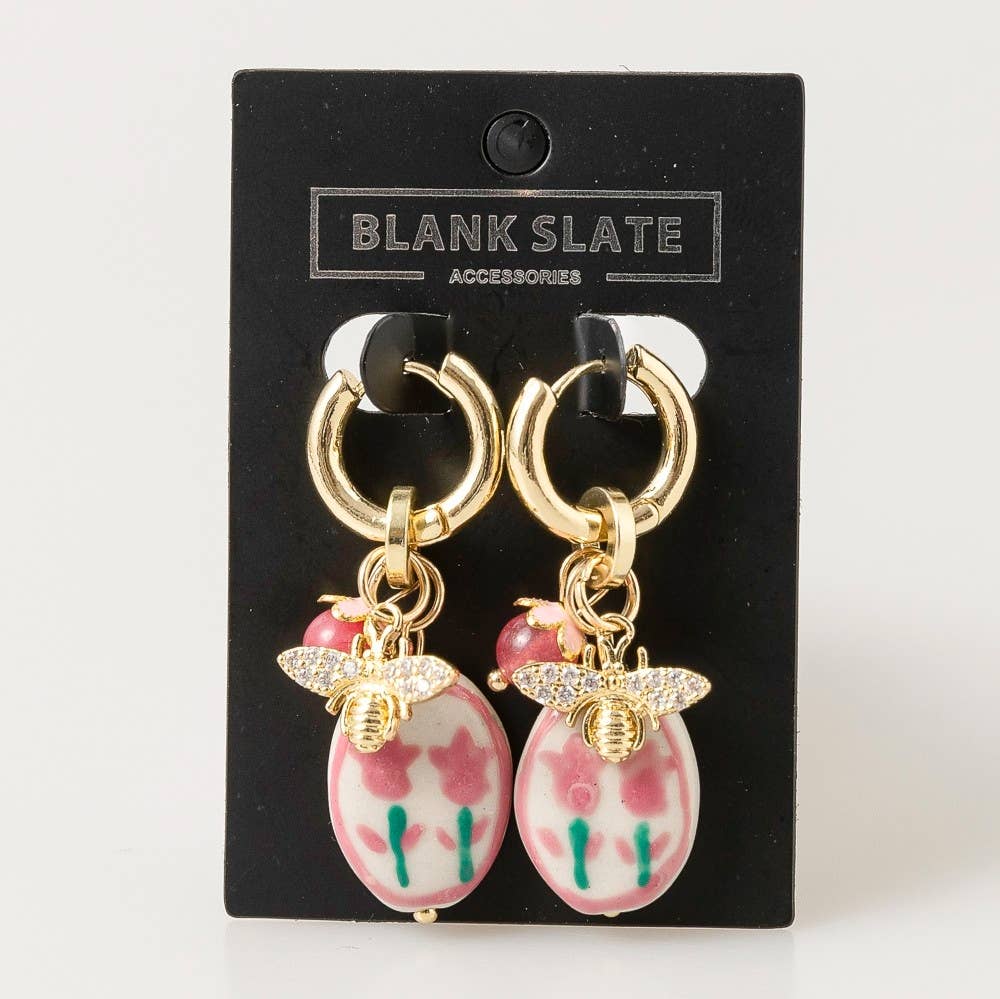 Bee And Floral Ceramic Charm Hoop Earrings