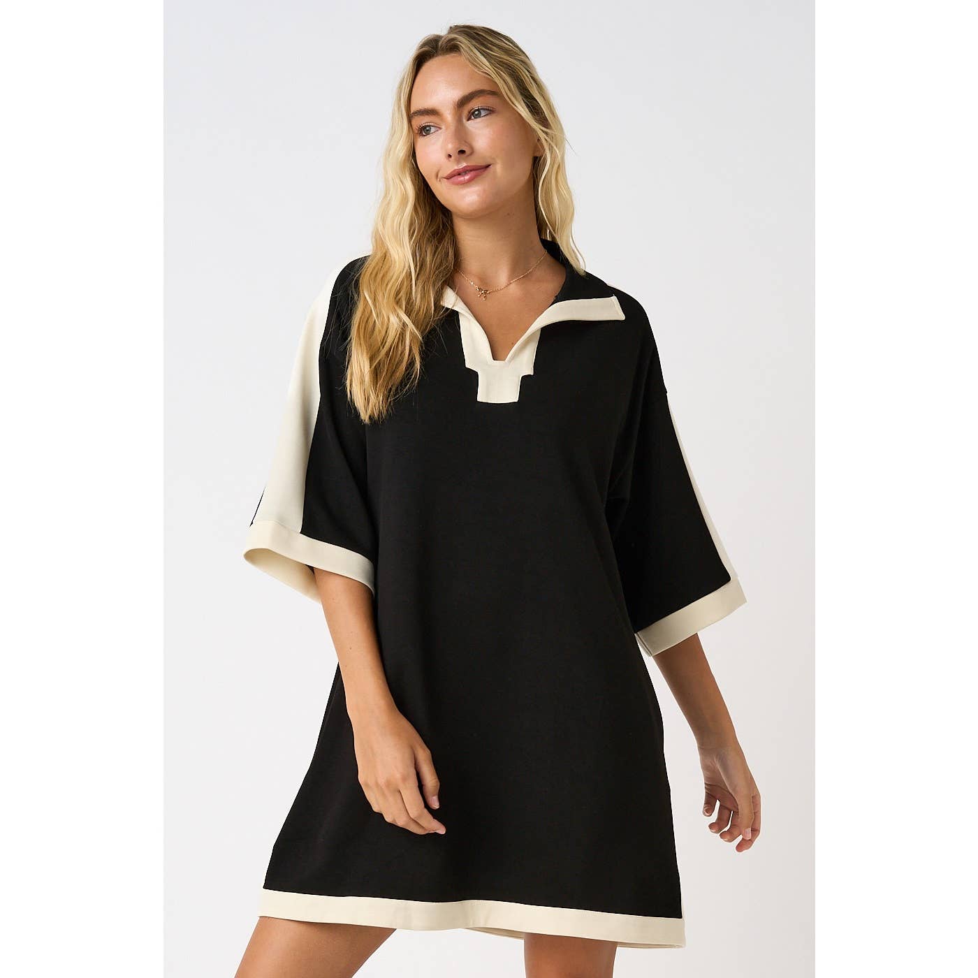 CLOUD KNIT CONTRAST STRIPE POLO MINI SHIRT DRESS