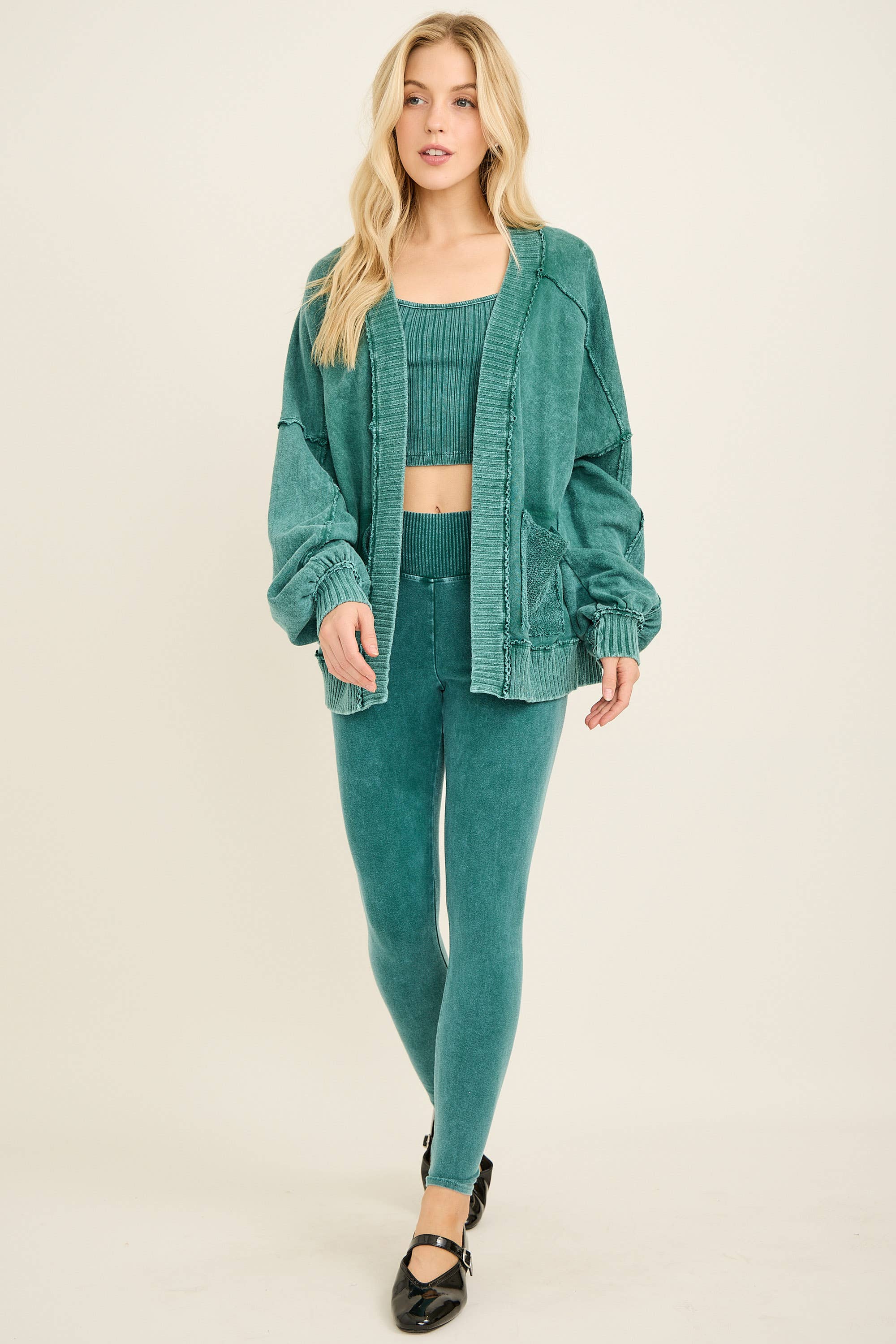 Mineral Washed Ribbed detail Midi Open Cardigan HT6658