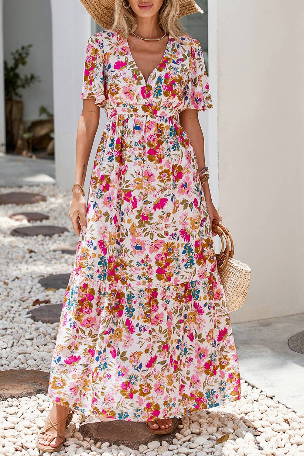 LDC Floral Short Sleeve V Neck High Waist Maxi Dress