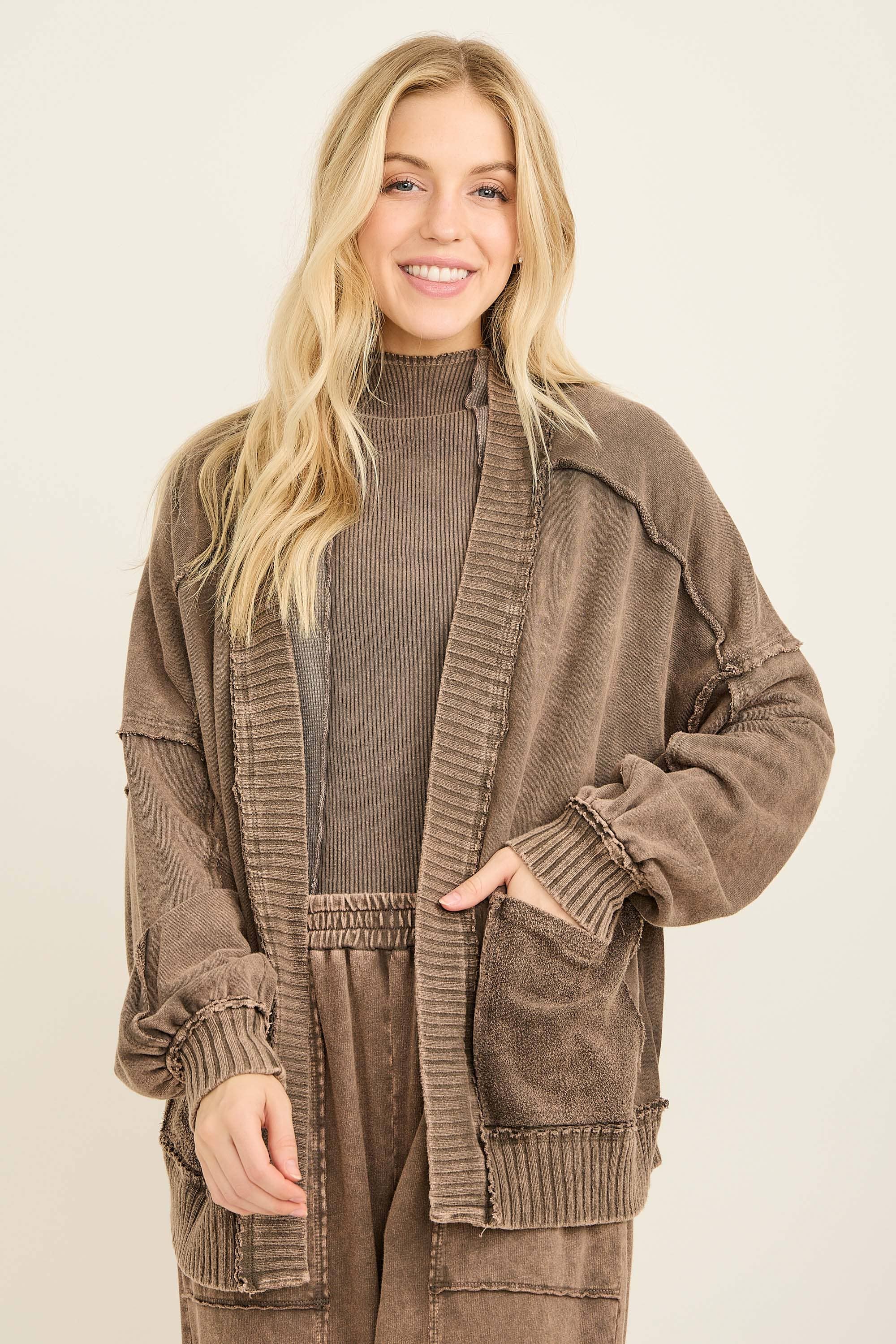 Mineral Washed Ribbed detail Midi Open Cardigan HT6658