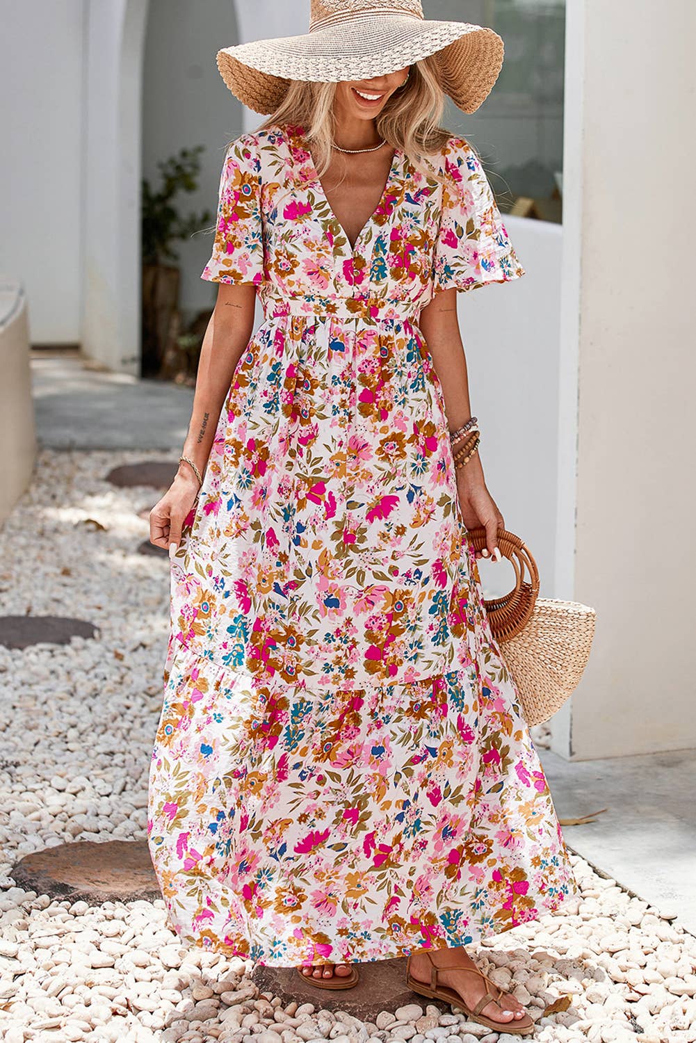 LDC Floral Short Sleeve V Neck High Waist Maxi Dress