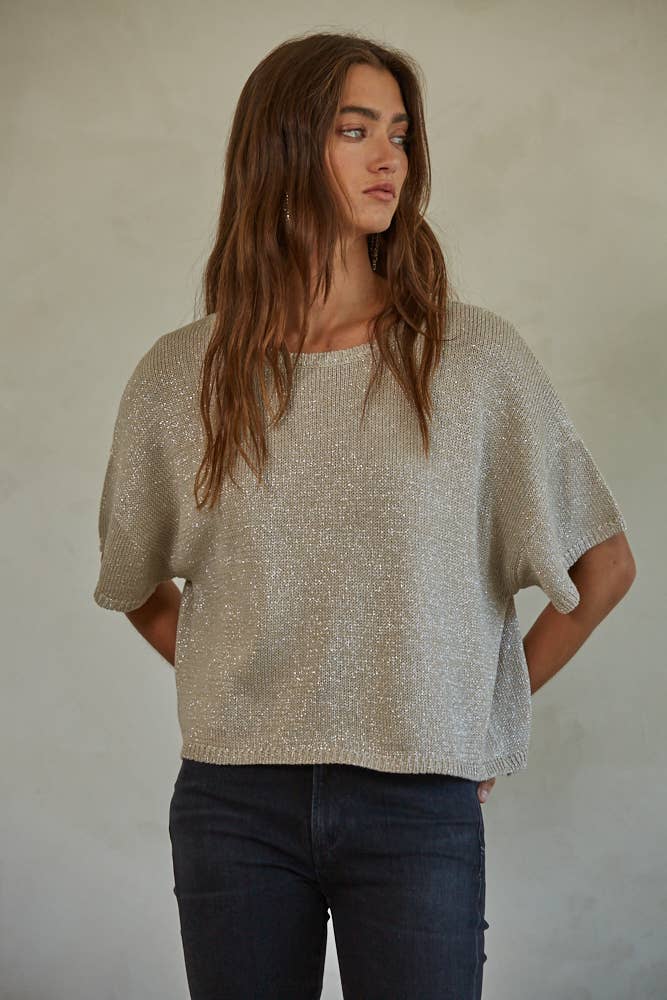 W1379 | Knit Sweater Lurex Detailed Sleeve Top
