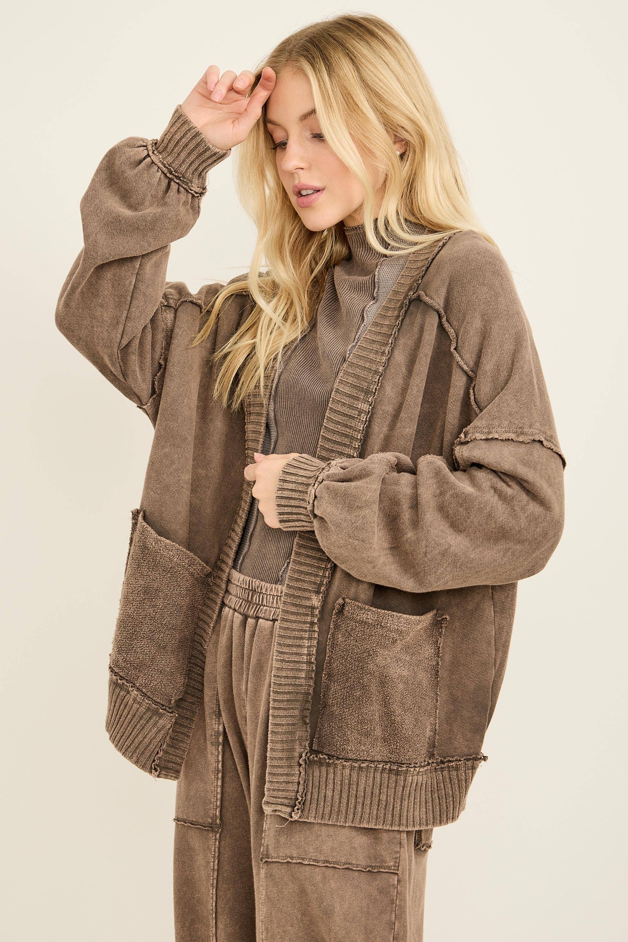Mineral Washed Ribbed detail Midi Open Cardigan HT6658
