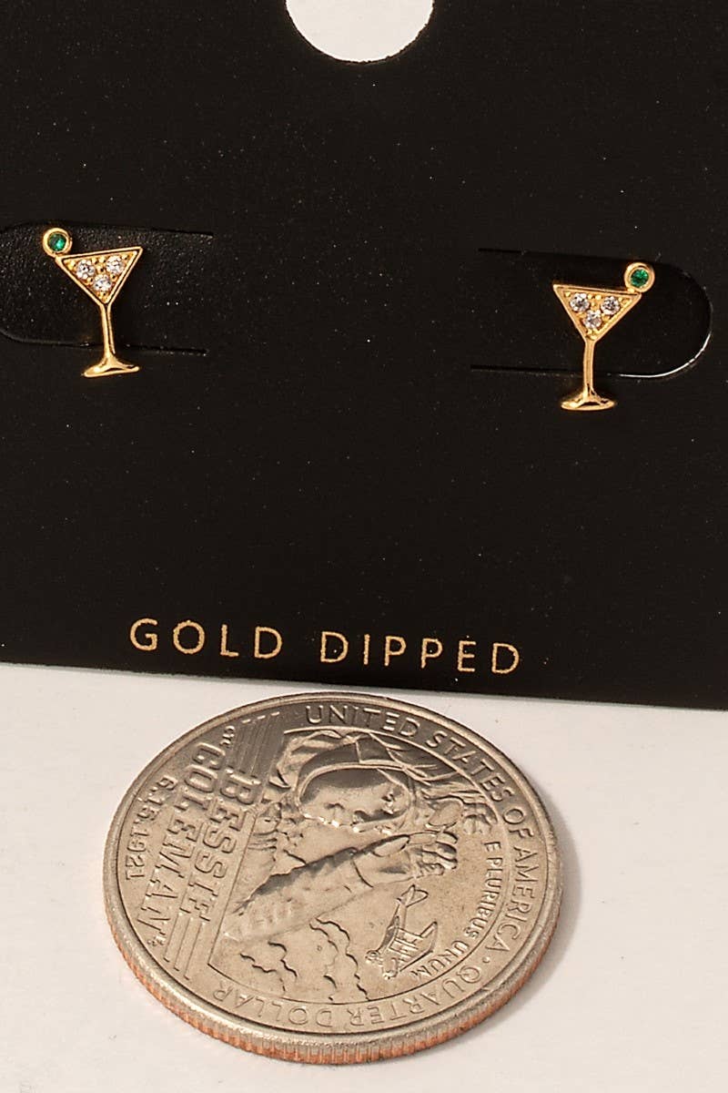 Gold Dipped Cz Pave Martini Glass Stud Earrings