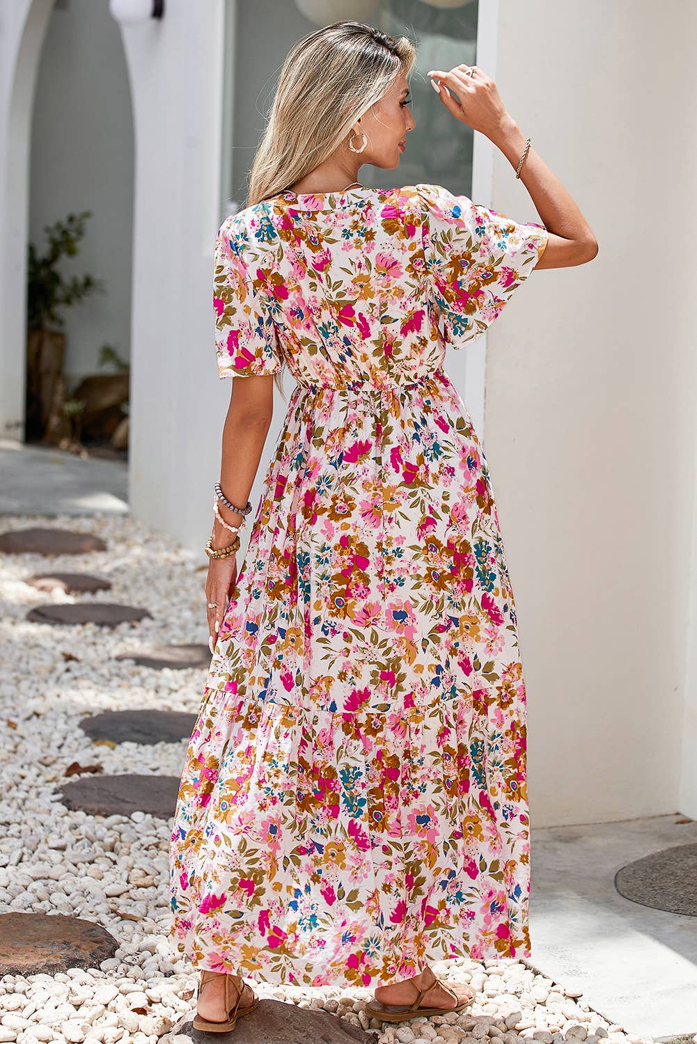LDC Floral Short Sleeve V Neck High Waist Maxi Dress