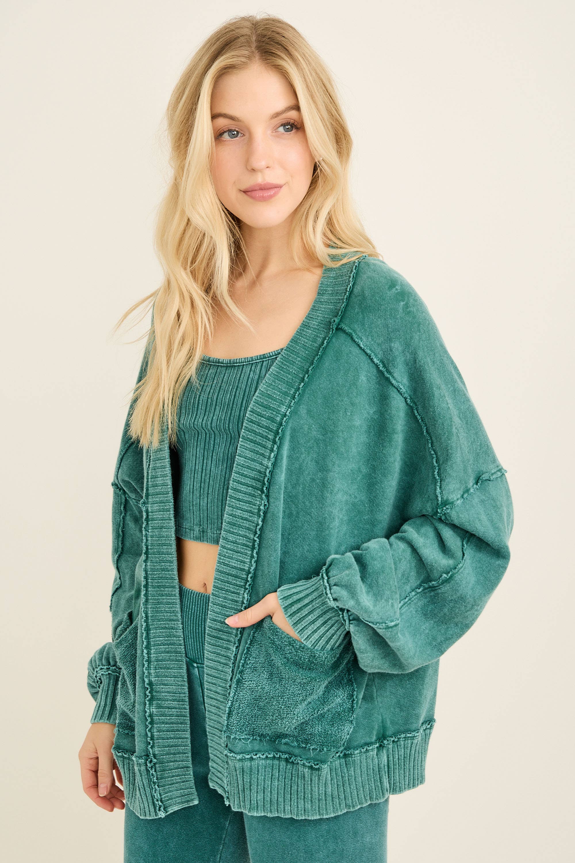 Mineral Washed Ribbed detail Midi Open Cardigan HT6658