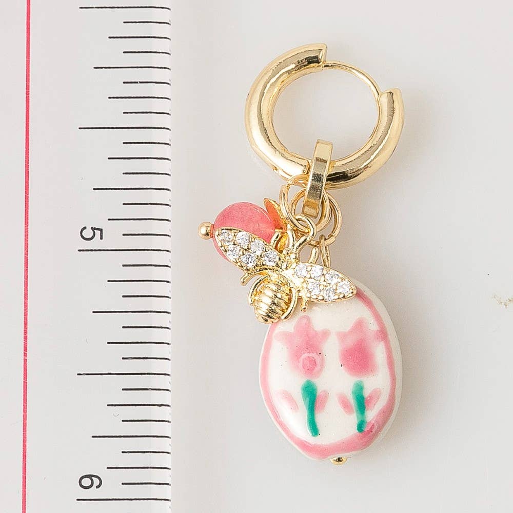 Bee And Floral Ceramic Charm Hoop Earrings