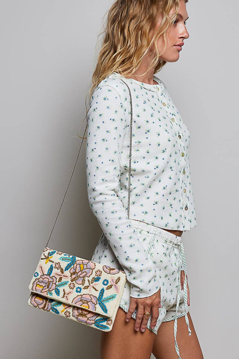 Floral Beaded Chain Strap Ivory Mini Shoulder Bag