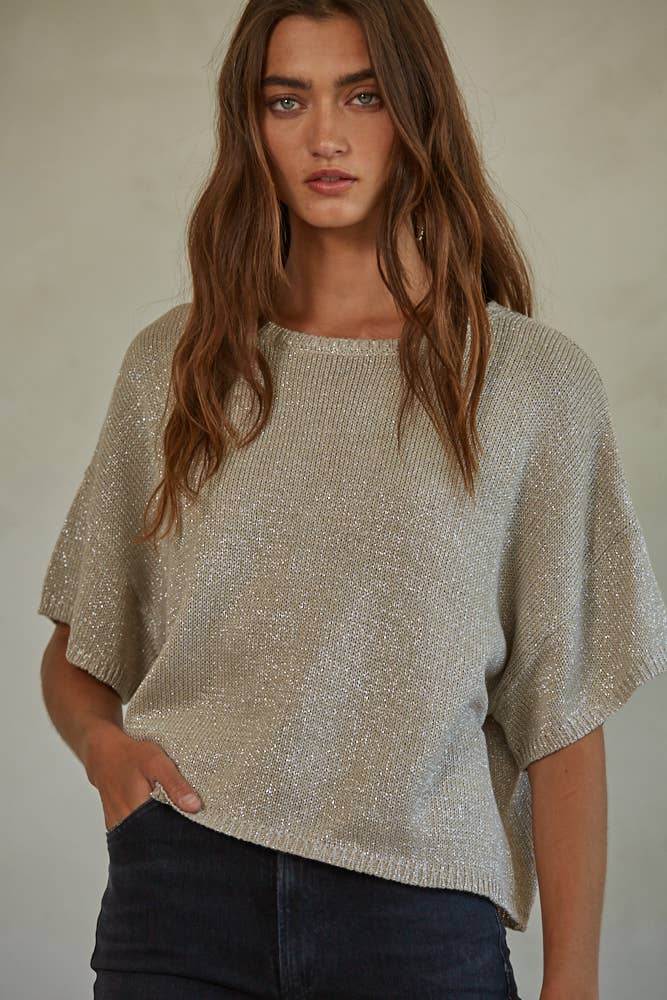 W1379 | Knit Sweater Lurex Detailed Sleeve Top