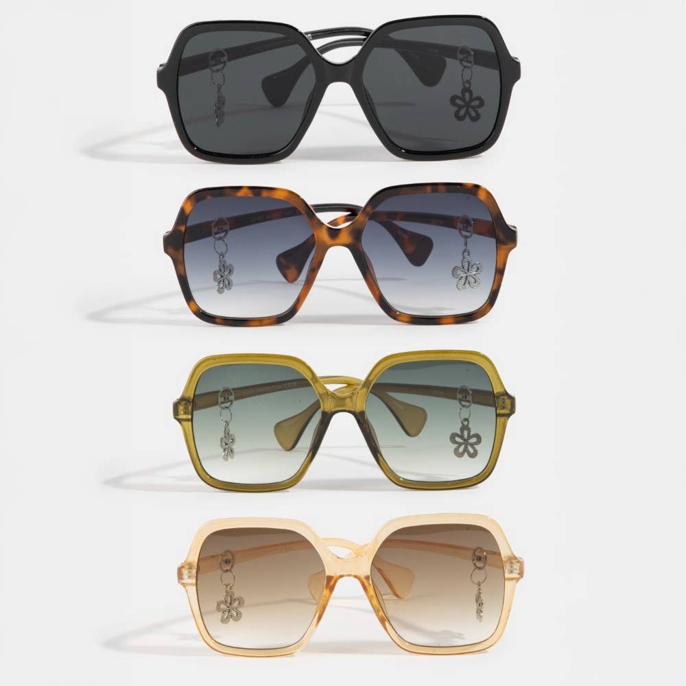 Oversized Round Tortoise Frame Flower Accent Sunglasses