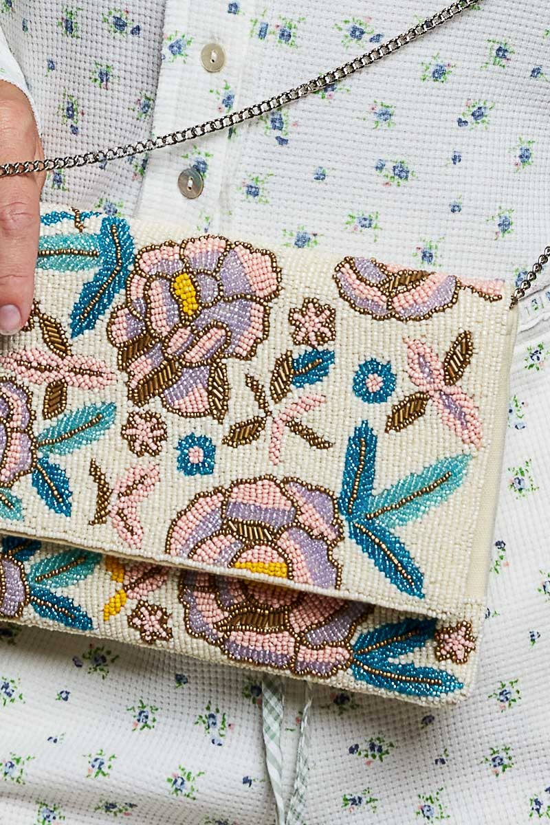 Floral Beaded Chain Strap Ivory Mini Shoulder Bag