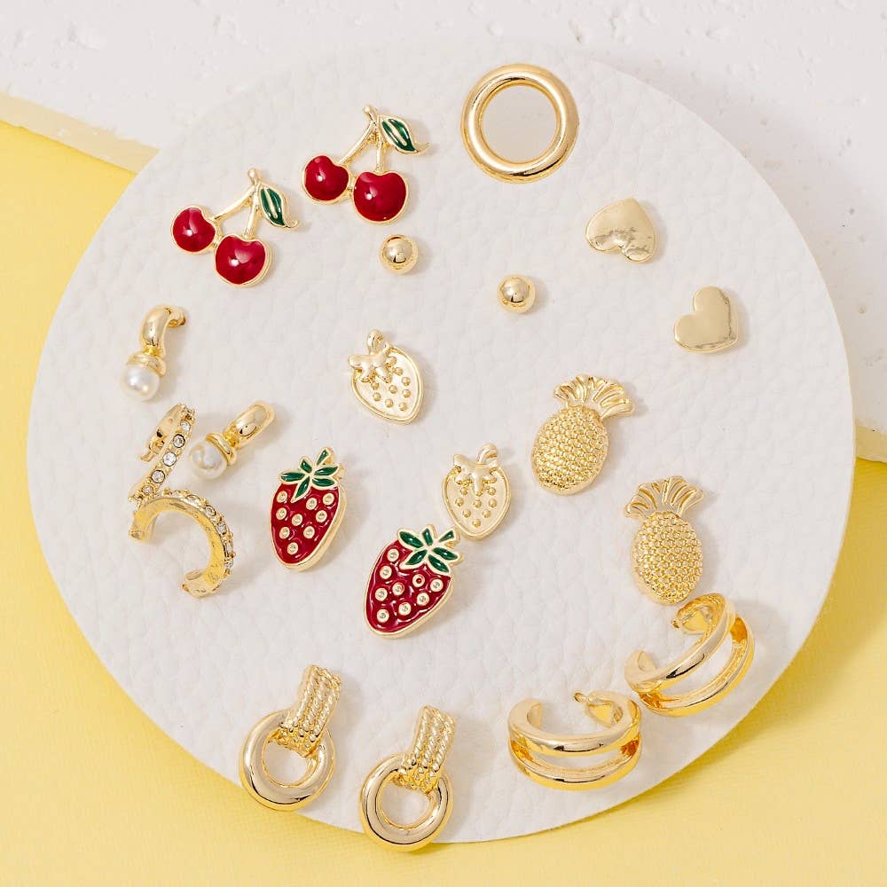 10Pc Enamel Metallic Fruit Stud And Hoop Earrings Set