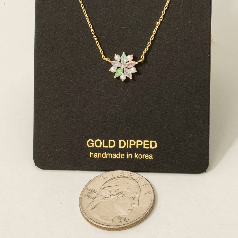 Gold Dipped Cz And Pearl Studded Flower Pendant Necklace