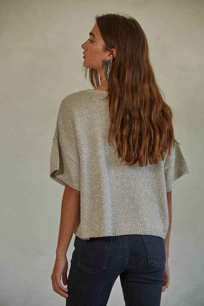 W1379 | Knit Sweater Lurex Detailed Sleeve Top