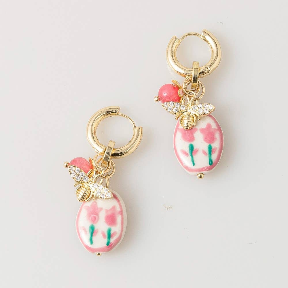 Bee And Floral Ceramic Charm Hoop Earrings