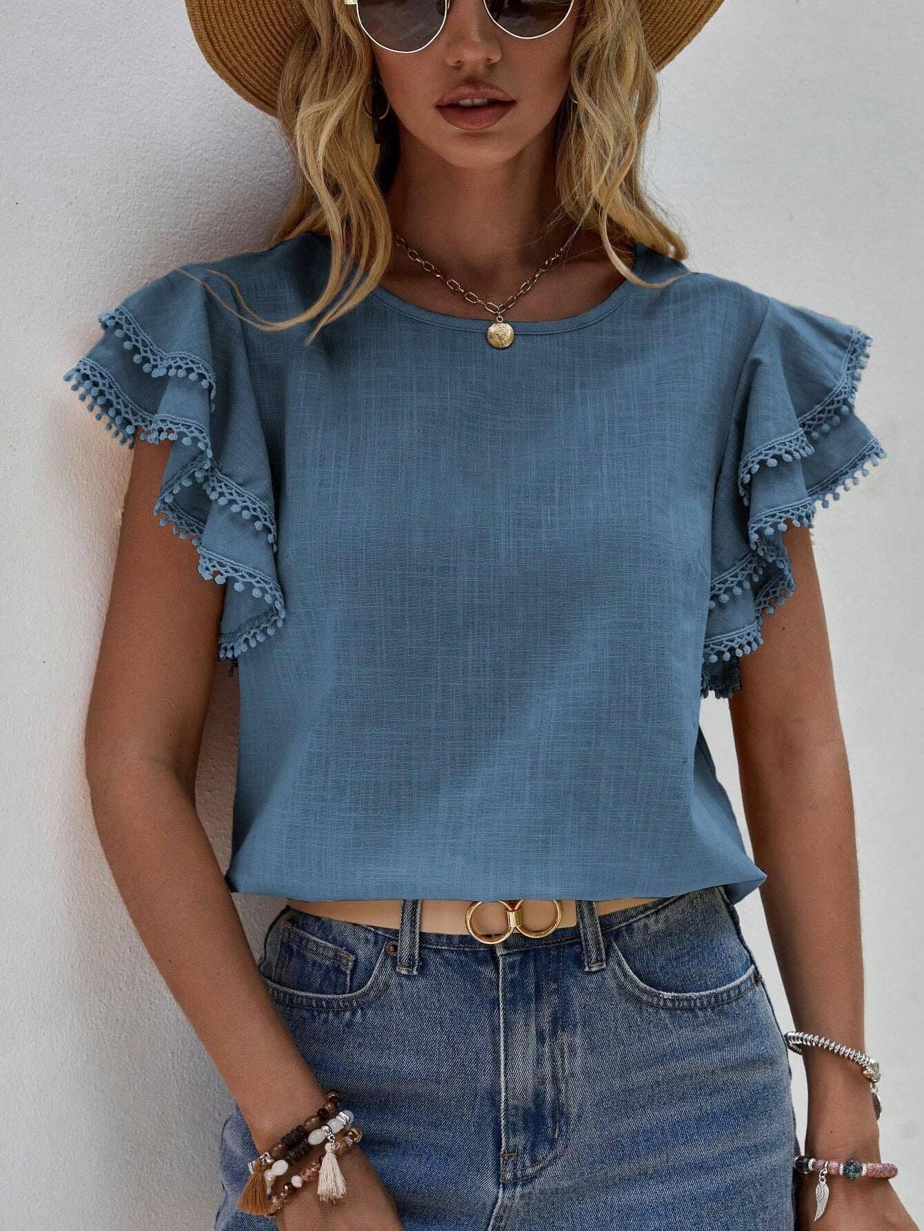 Women's Casual Ruffle Sleeve Round-Neck Summer Blouse