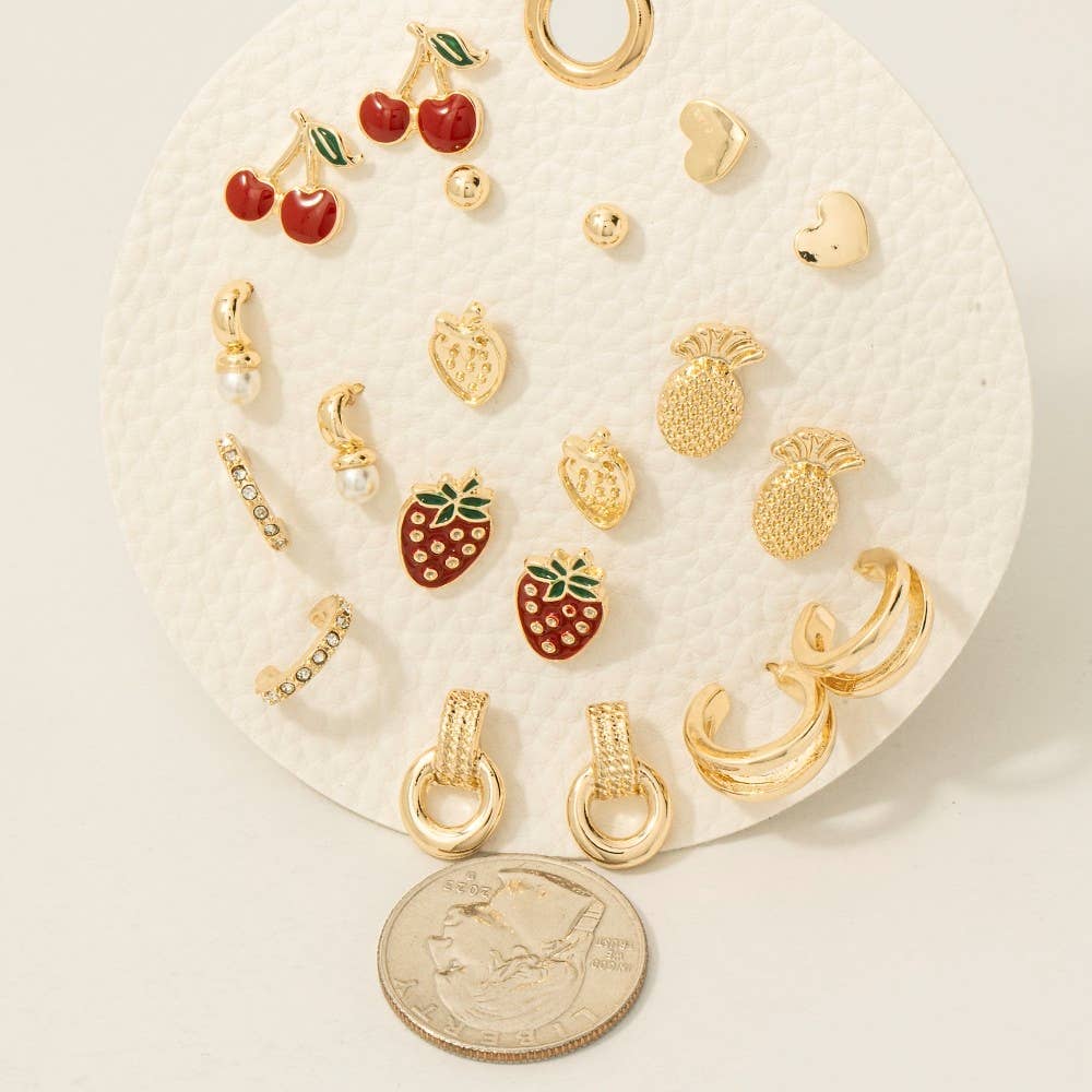 10Pc Enamel Metallic Fruit Stud And Hoop Earrings Set