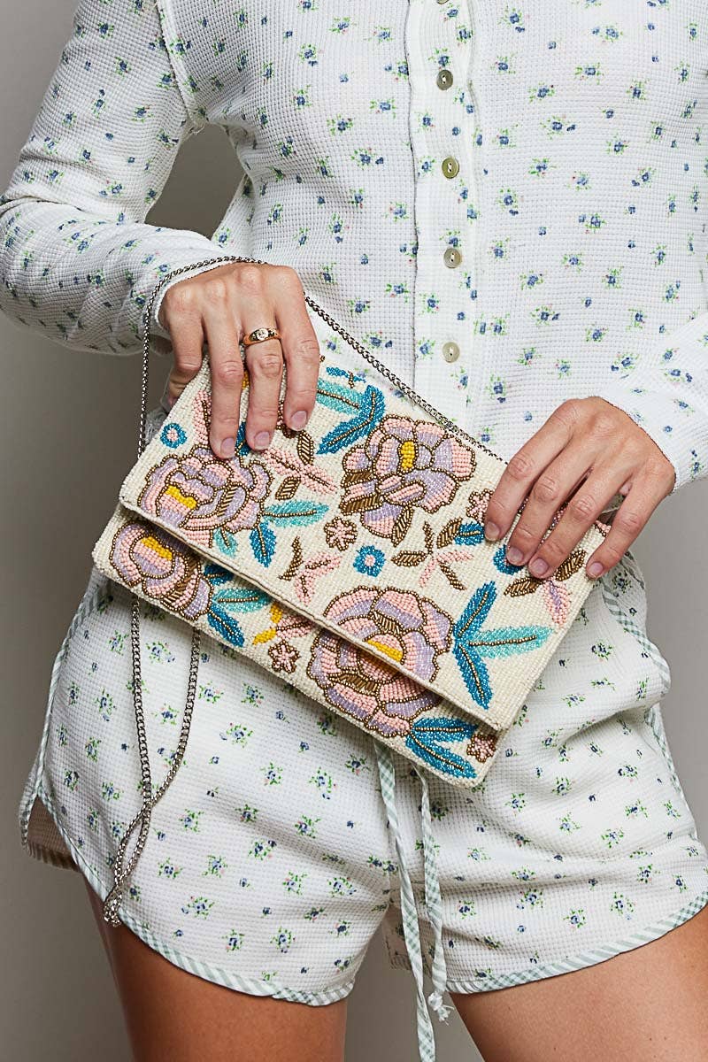 Floral Beaded Chain Strap Ivory Mini Shoulder Bag
