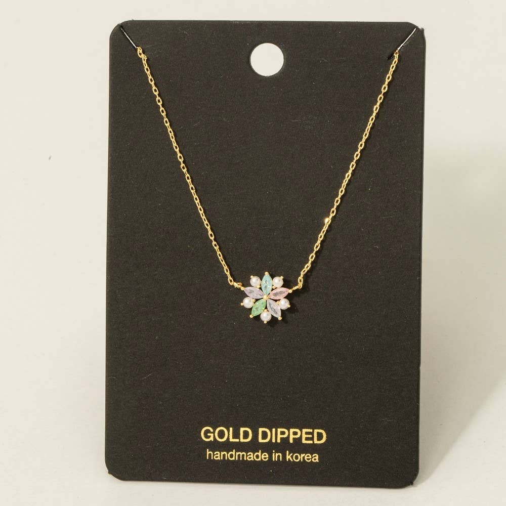 Gold Dipped Cz And Pearl Studded Flower Pendant Necklace