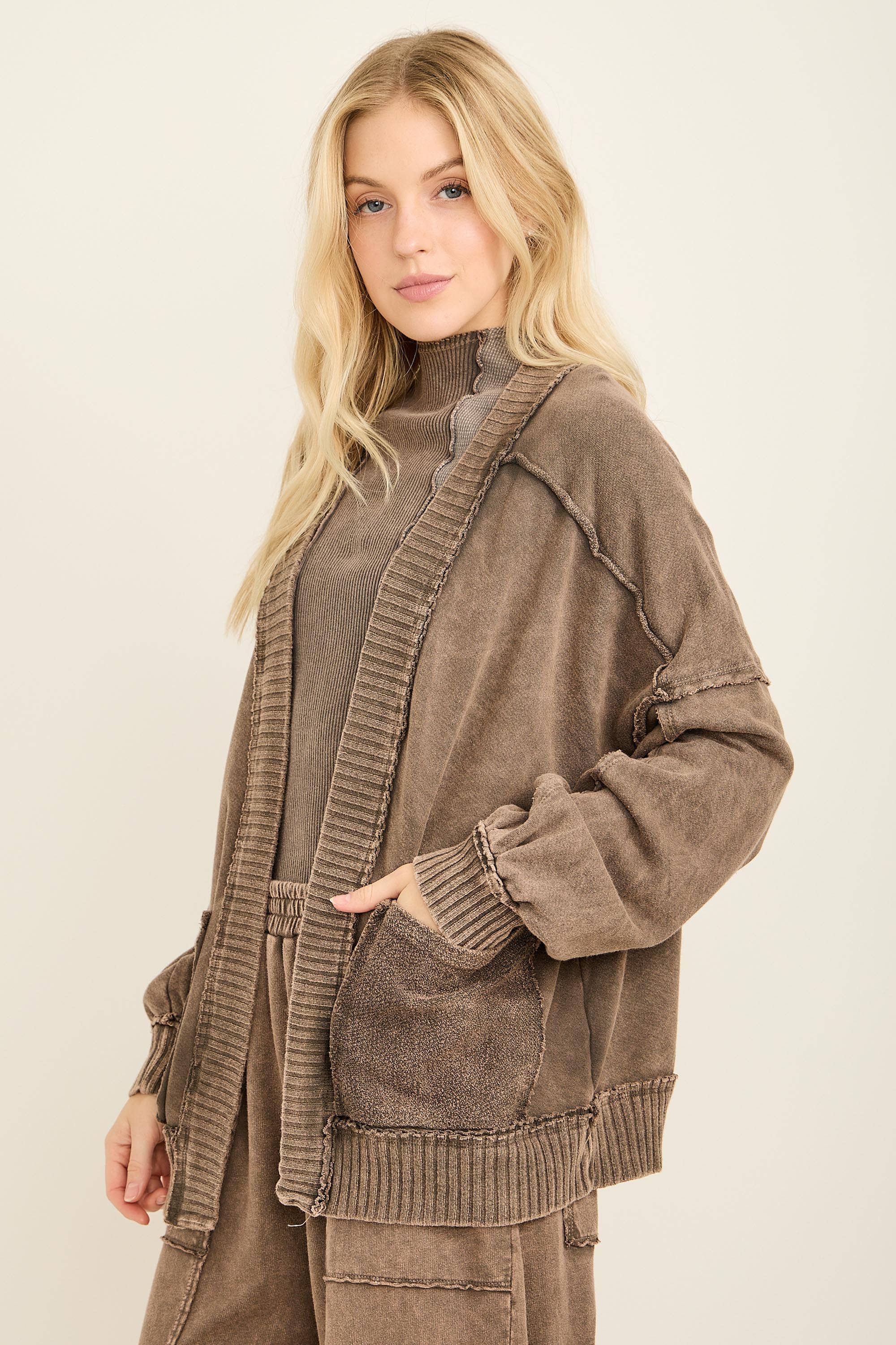 Mineral Washed Ribbed detail Midi Open Cardigan HT6658