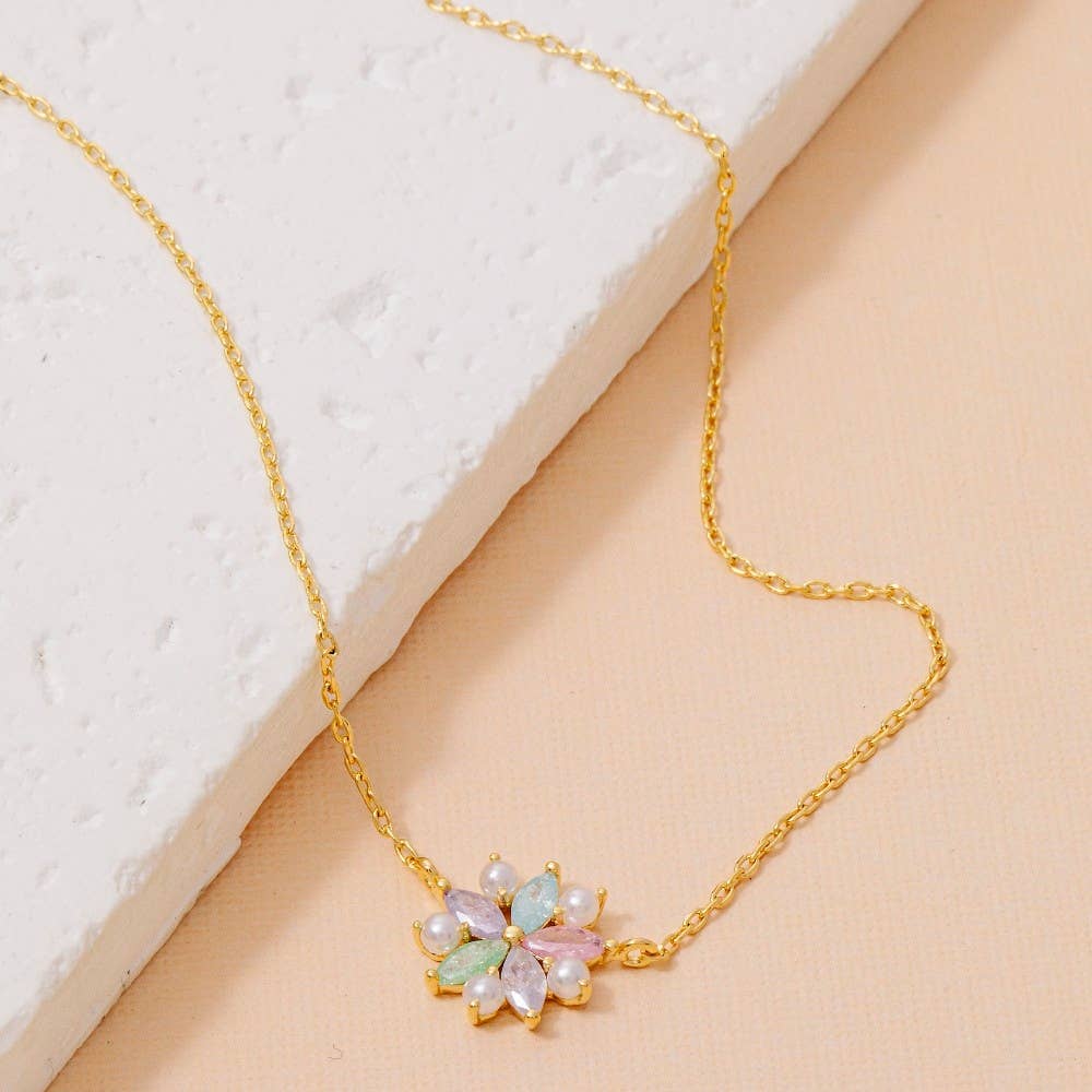 Gold Dipped Cz And Pearl Studded Flower Pendant Necklace