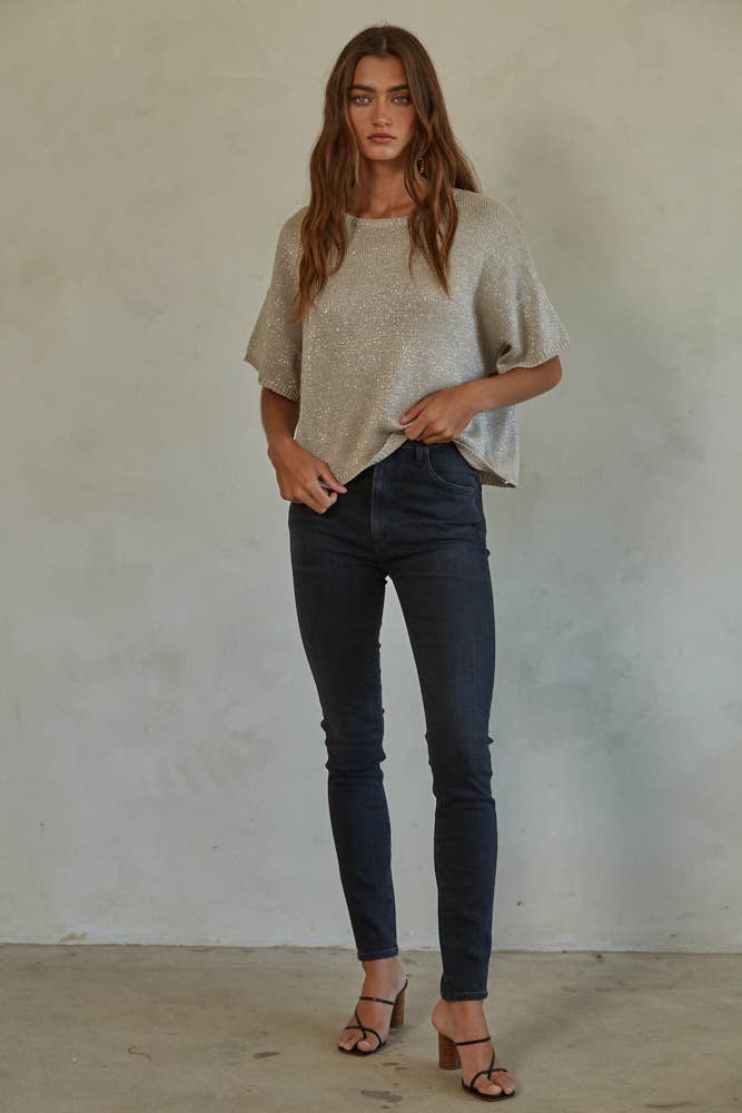 W1379 | Knit Sweater Lurex Detailed Sleeve Top